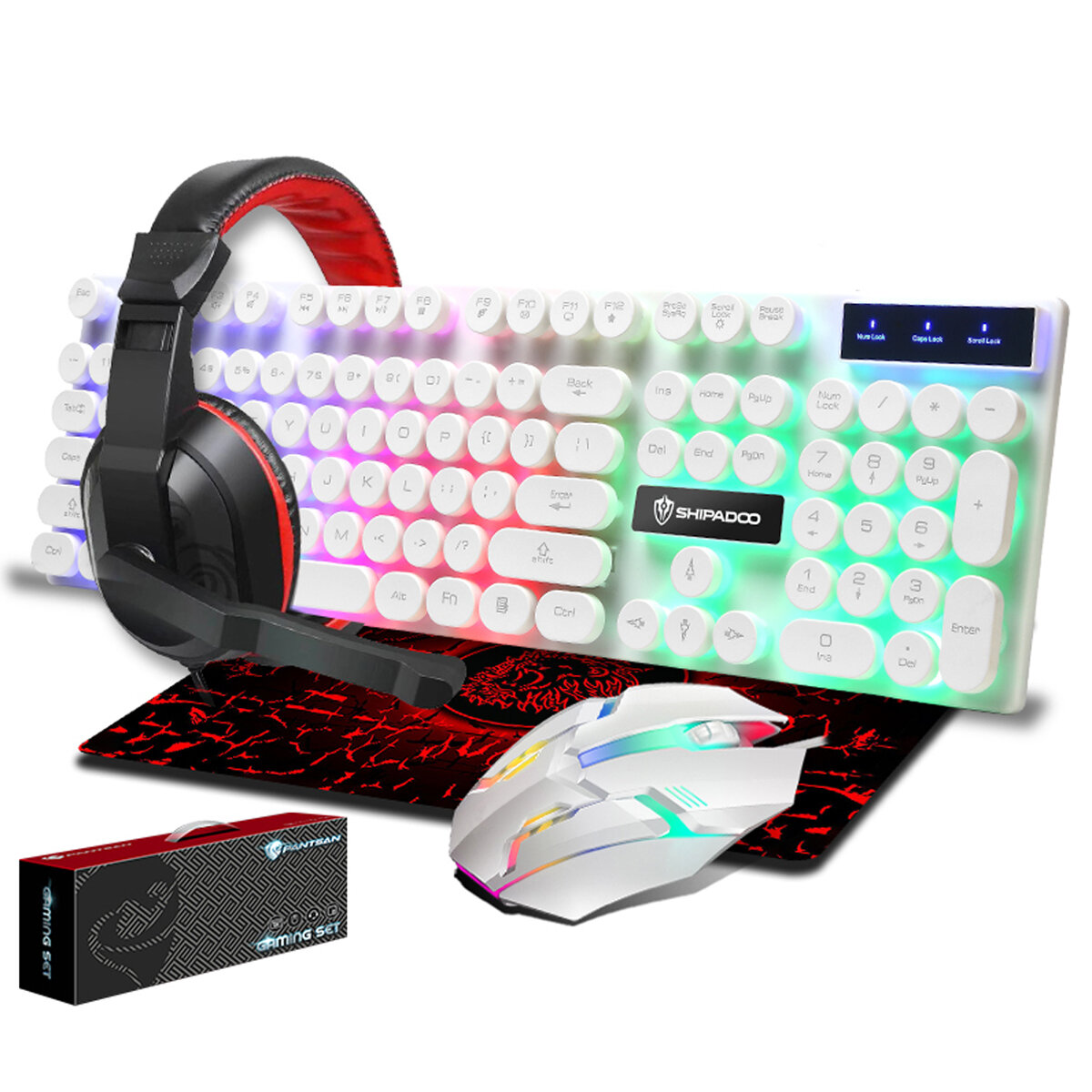 4Pcs Gaming Devices Set 104 Keys LED Backlit Waterproof Gaming Keyboard Ergonomic Mouse 3.5mm Wired Headset Anti-slip Mouse Pad Combo COD