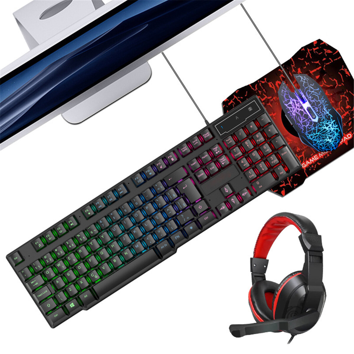 Gaming Keyboard and Mouse and Mouse pad and Gaming Headset Wired LED RGB Backlight Bundle COD