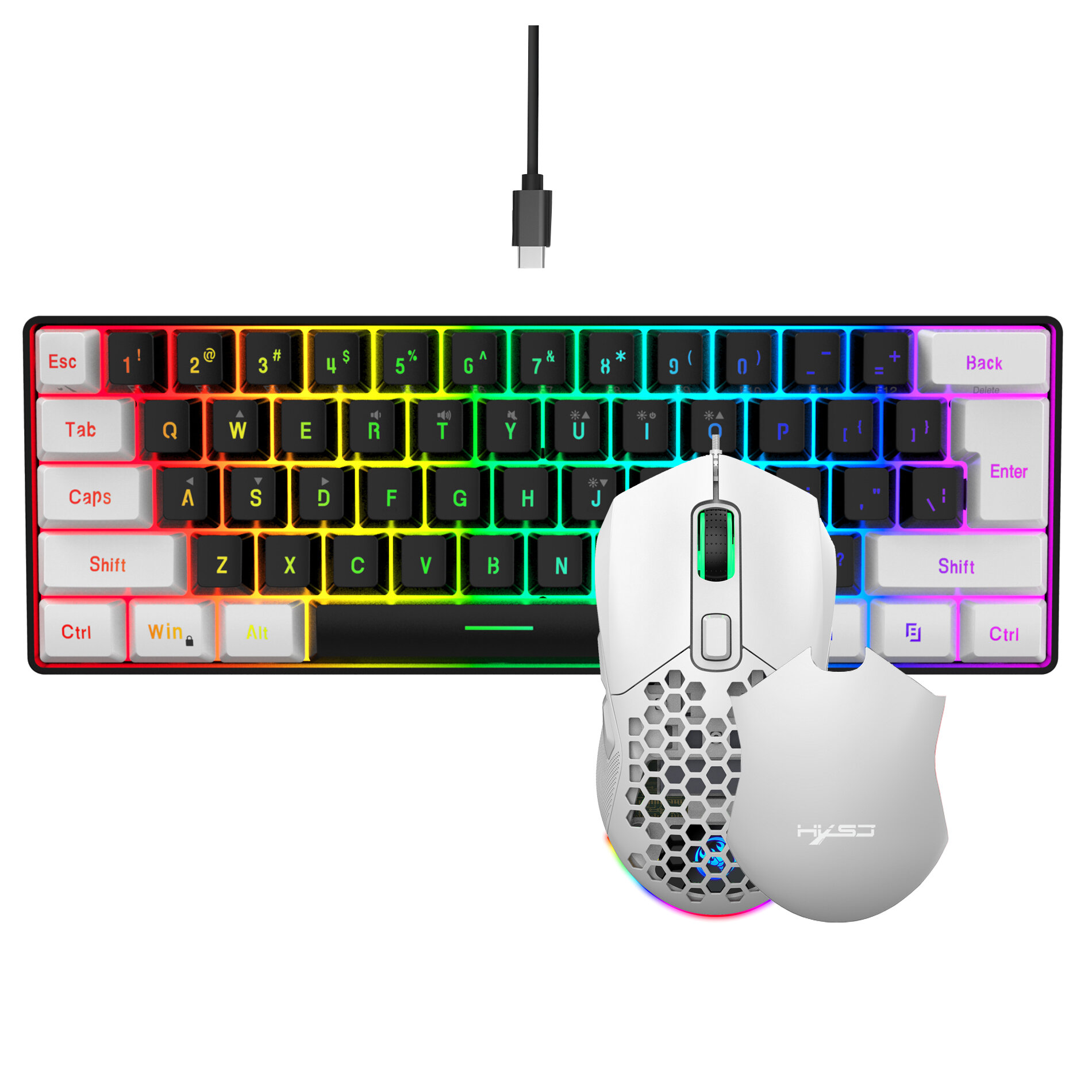HXSJ Wired Keyboard and Mouse Set 61 Keys Gaming Keyboard 7 Colours backlight 4 DPI Stages White/Black Mouse COD