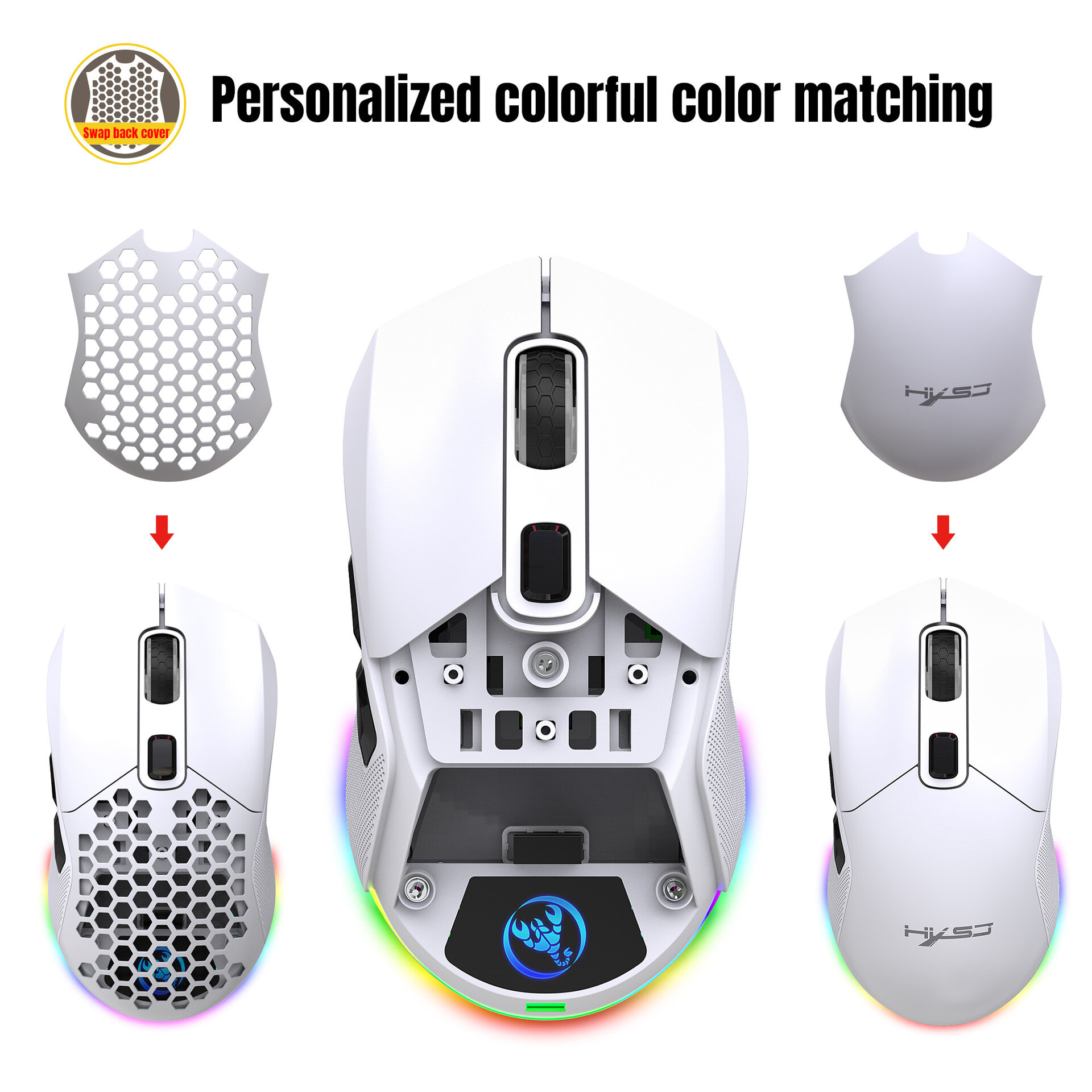 HXSJ T28 Hollow Wireless Mouse Rechargeable RGB Luminous 4800DPI Interchangeable Back Cover Gaming Lightweight Mouse COD