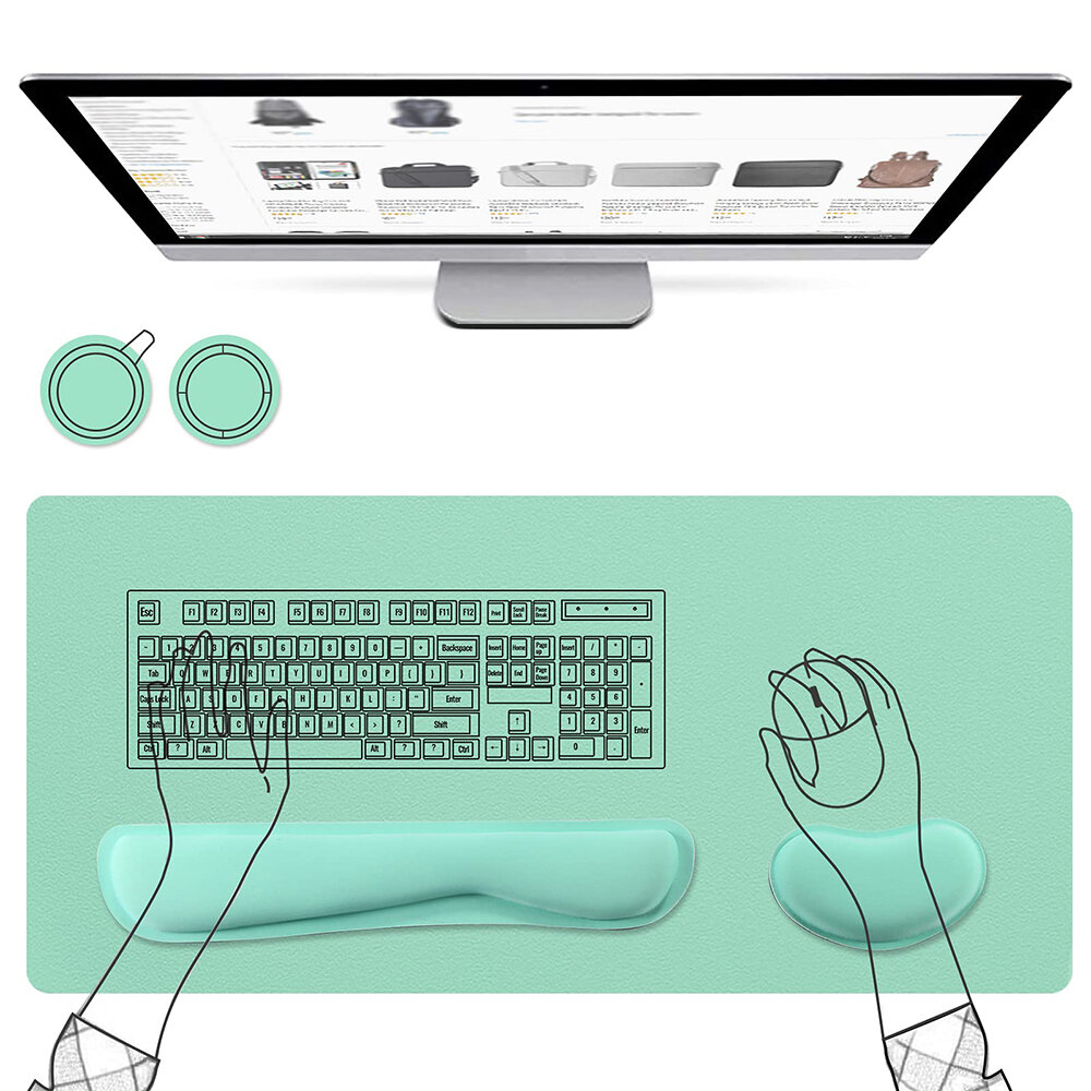 AtailorBird Mouse Pad 5Pcs Set 800x400mm PU Leather Desk Pad & Ergonomic Memory Foam Keyboard Wrist Pad & Mouse Wrist Rest for Laptop Office Online Study Including 2 PU&Cork Coasters