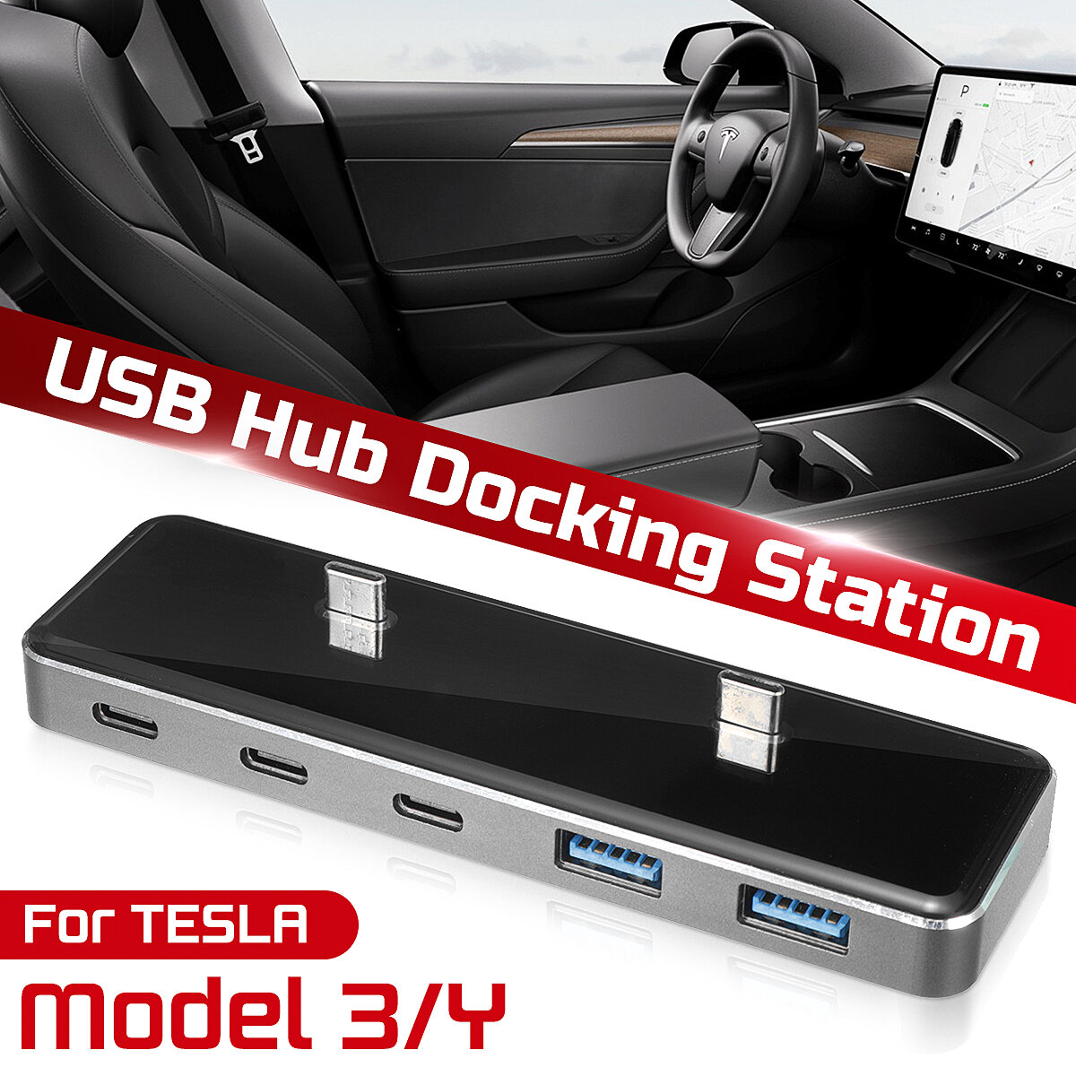 6 in 1 Ports USB Hub Extender Adapter Docking Station for Tesla Model 3/Y COD