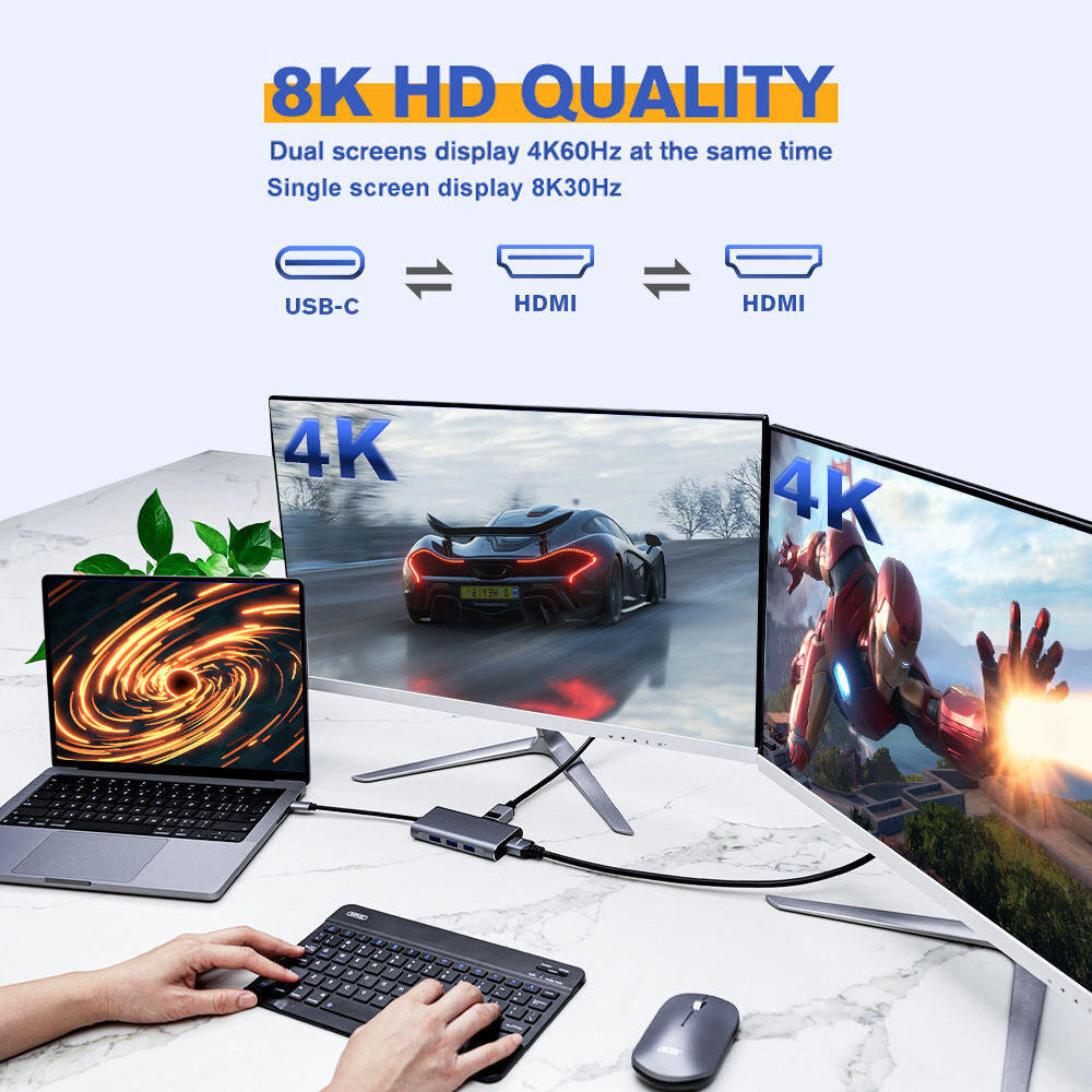 Bakeey 8K@30HZ 6 in 1 USB-C Hub Docking Station 3*USB3.0 5Gbps HDMI UHD Video Type-C PD 100W Fast Charging Support 5Gbps Data Transfer for Laptops Tablets