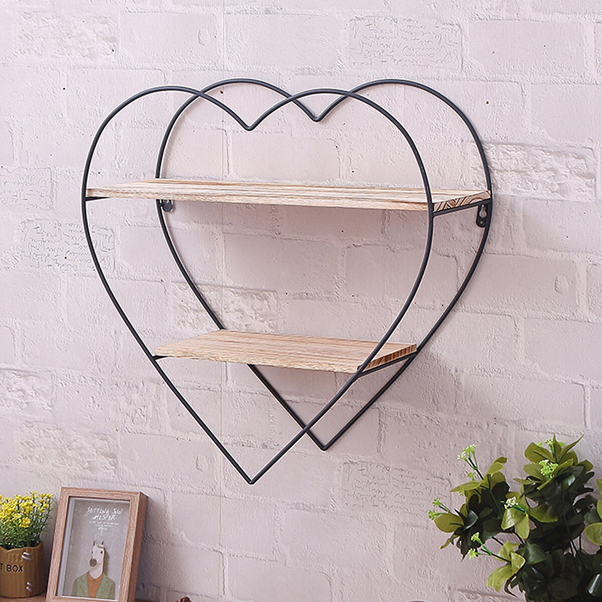 Heart-shaped Wooden Wall Shelf 2 Layers Vintage Storage Wall Mounted Display Floating Rack for Kitchen Living Room Office COD