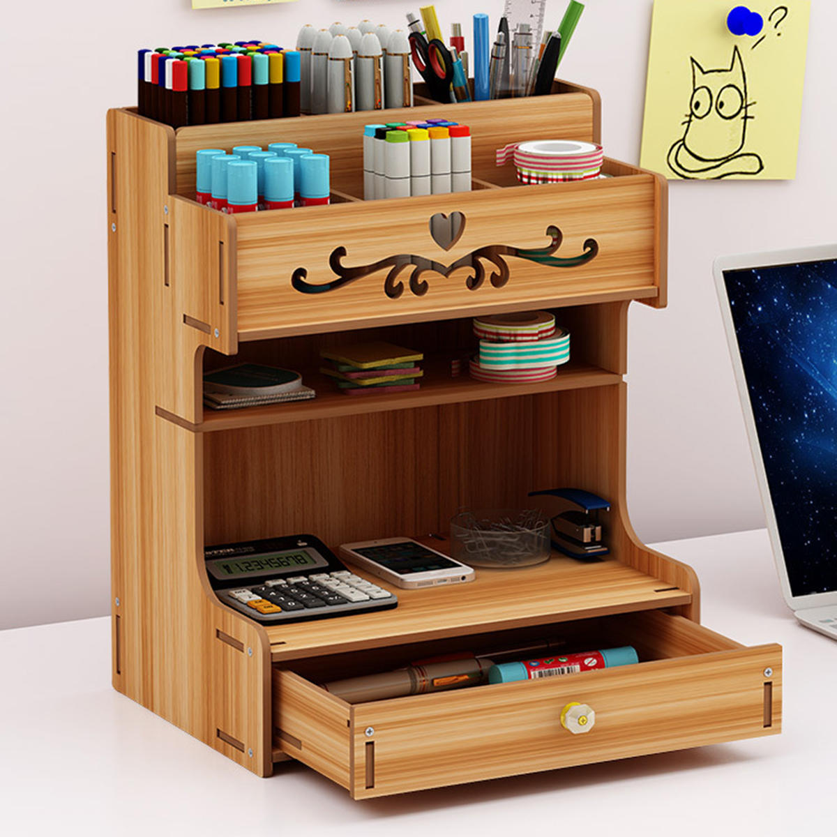 Wooden Desk Organizer Multi-Functional DIY Pen Holder Box Cell Phone Holder Desktop Stationary Home Office Supplies Storage Rack with Drawer COD