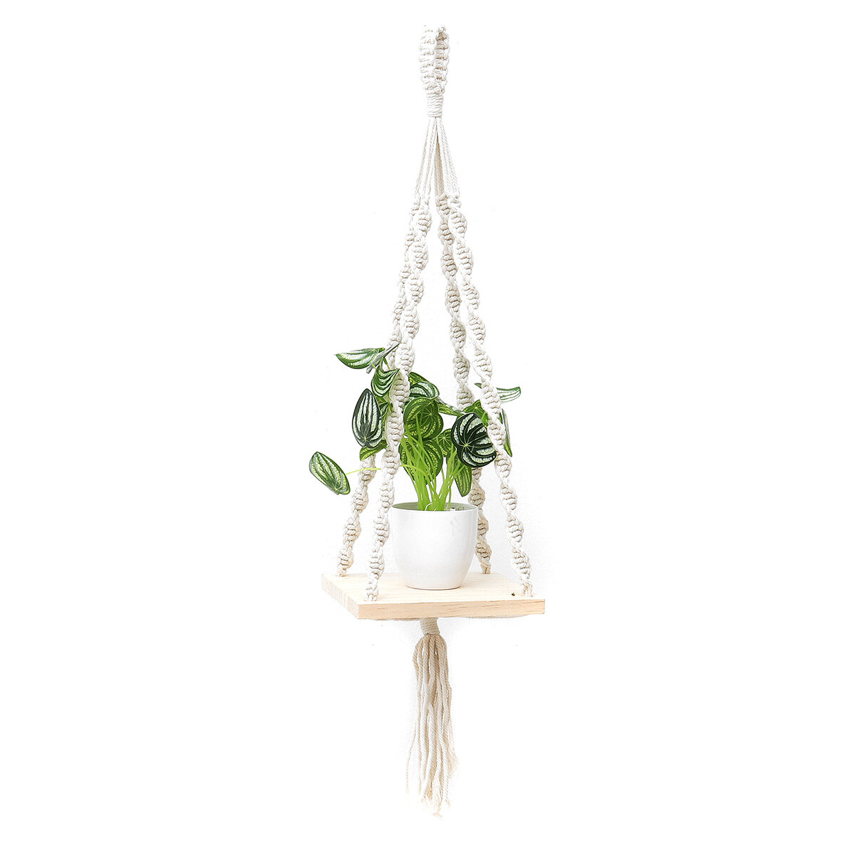 2 Tiers Wooden Wall Hanging Shelf Bohemian Handmade Macrame Wall Rope Rustic Shelves Floating Plant Rack Home Office Decorations COD