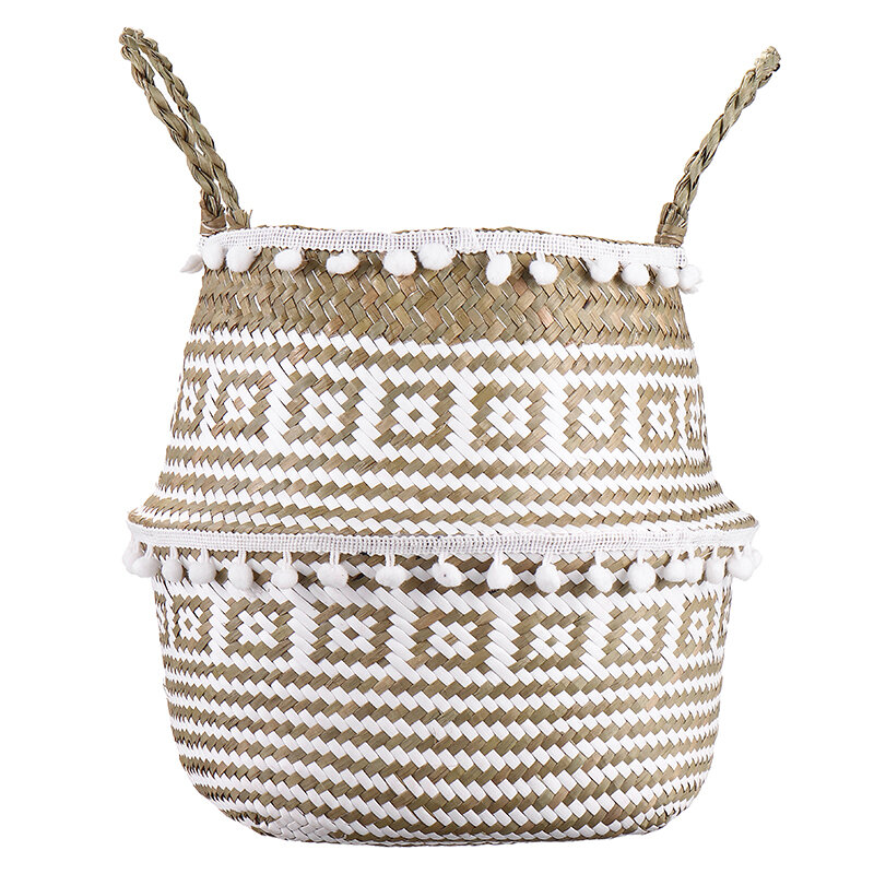 Seagrass Woven Storage Basket Plant Wicker Hanging Baskets Garden Flower Vase Potted Foldable Pot with Handle & Small Ball COD