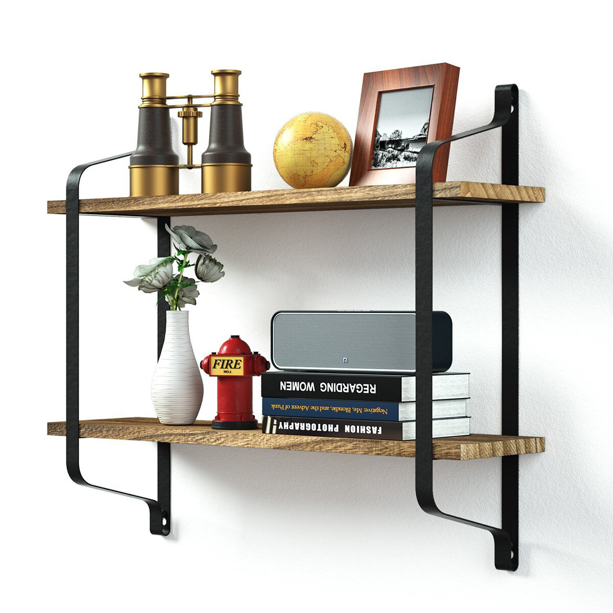 2 Tiers Wall Mounted Storage Rack Wall Hanging Wood Shelves Holder Organizer Bookshelf Display Stand Home Office Decor COD