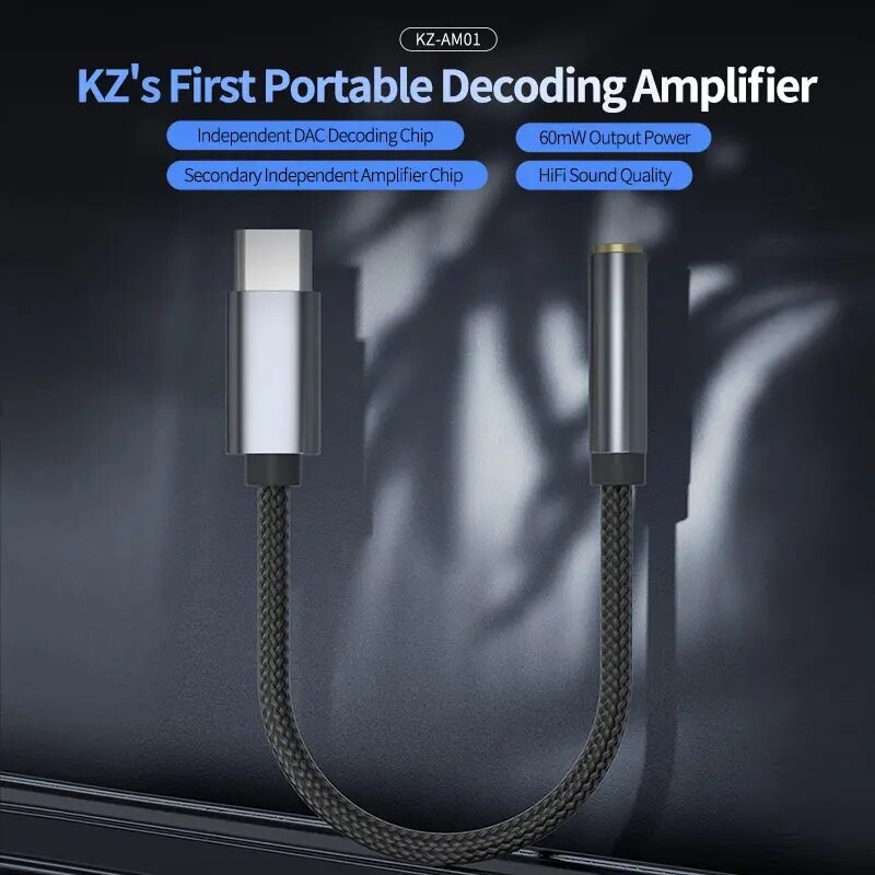 KZ AM01 Type-C to 3.5mm Audio Adapter 32bit/384kHz Hi-Fi DAC IC Amplifier Dual Chip Earphone Audio Cable COD