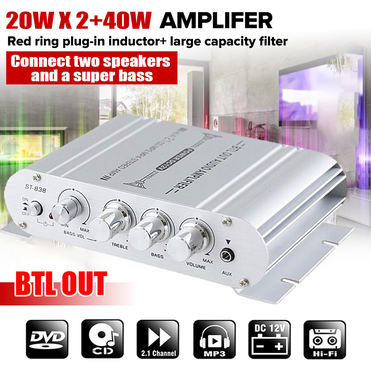 40W HiFi Amplifier 2.1 Channel Amplifier Super Bass DC 12V Large Capatity Filter Audio Amplifier for CD DVD MP3 Speaker COD