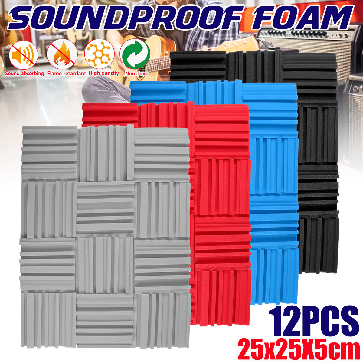 12Pcs Soundproof Foam Panels Noise Reduction Flame Retardant Acoustic Panels Tiles 25*25*5CM for Studio KTV Sound Insulation COD
