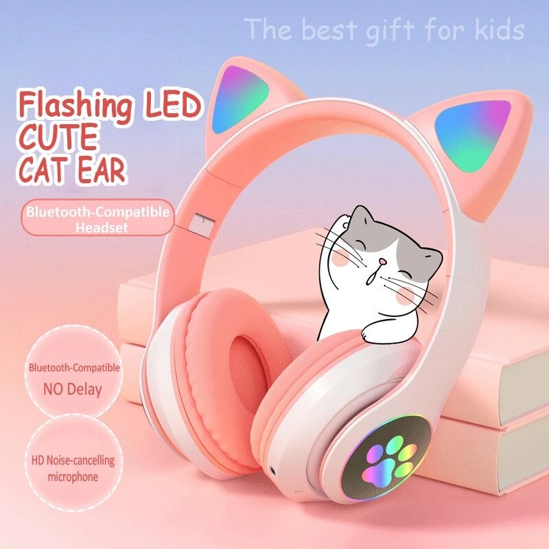 Bakeey STN-28 Over-Ear Gaming bluetooth 5.0 Headset Glowing Cat Ear Headphones Foldable Wireless Earphone with Mic LED Lights for PC Phone COD