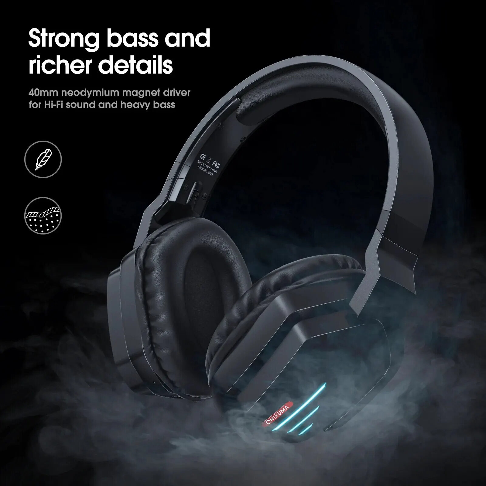 ONIKUMA B60 Wireless Headset bluetooth Headphone 40mm Unit Stereo Deep Bass LED Light Over Ear Gaming Headphones with Mic COD