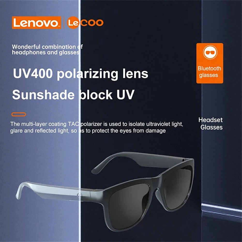 Lenovo Lecoo-C8 bluetooth V5.0 Earphone 120mAh Battery IPX6 Waterproof Anti-glare Voice Control Smart Touch 31g Lightweight Sunglasses Sport Headphone CO