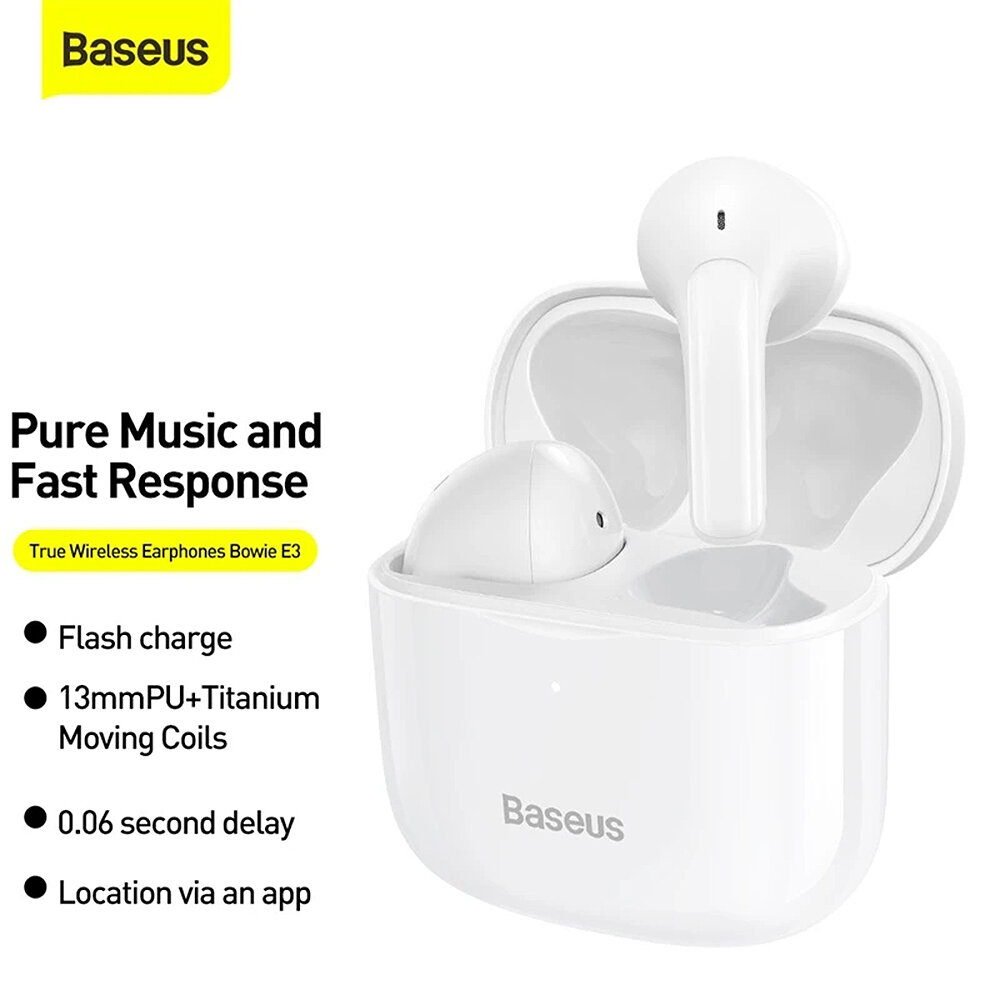 Baseus E3 TWS bluetooth V5.0 Earphone 13mm Titanium Driver Low Latency 330mAh Battery Flash Charge IP64 Waterproof Smart Touch App Control Sports Earbuds