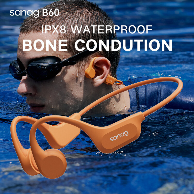 Sanag B60 ProMax True Bone Conduction Earphone bluetooth 5.3 HiFi 3D Stereo 64GB Memory IPX8 Waterproof Sport Neckband Earphone with Mic COD