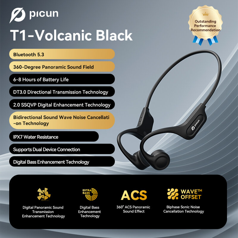 Picun T1 Bone Conduction Earbuds bluetooth Earphone 360° Panoramic Sound Low Latency IPX7 Waterproof Sports Headphones with Mic COD