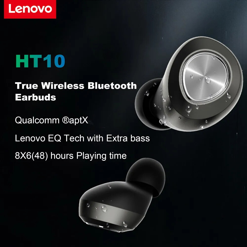 Lenovo HT10 TWS Earbuds bluetooth Earphone QualcommaptX Audio HiFi Stereo Bass Sound 800mAh Battery In-ear Wireless Sports Headset with Mic COD