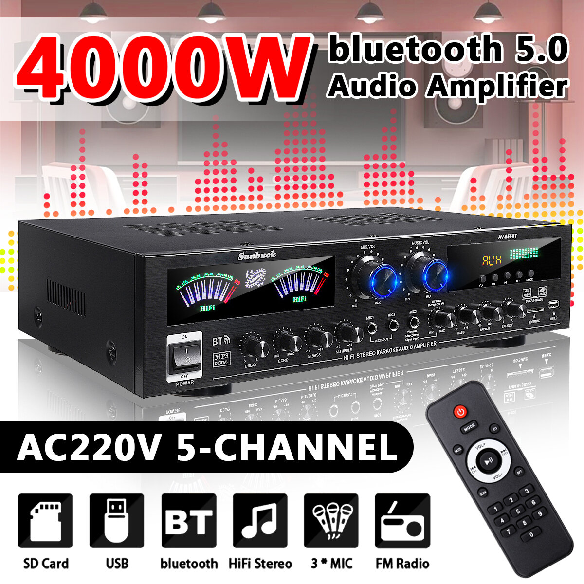 SUNBUCK AV555BT 4000W 5CH Home Amplifiers Bass Audio Power bluetooth Digital Amplifier Hifi FM USB SD for Subwoofer Speakers COD
