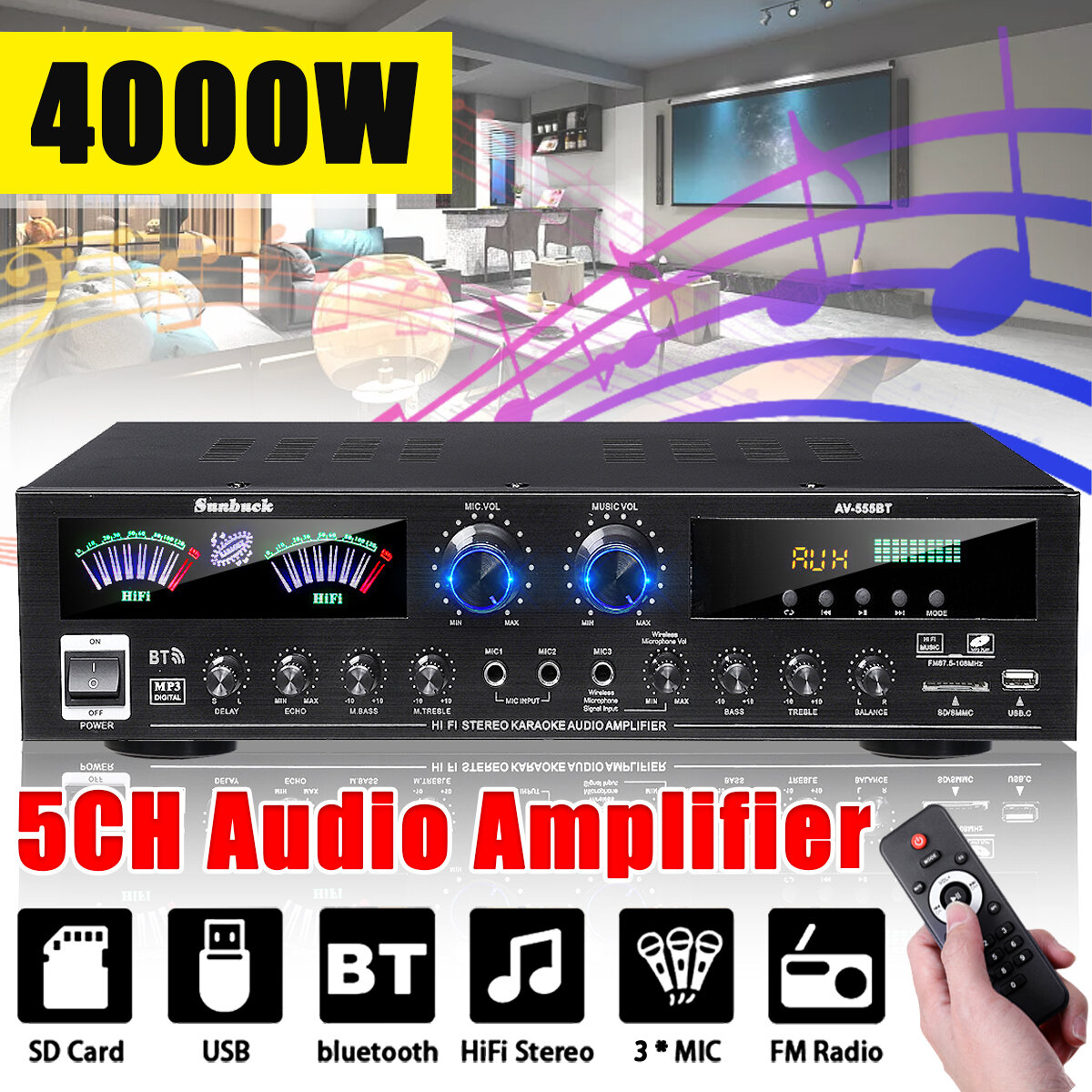 AV555BT bluetooth Amplifier Mini HIFI Digital bluetooth Audio Power Amplifier COD