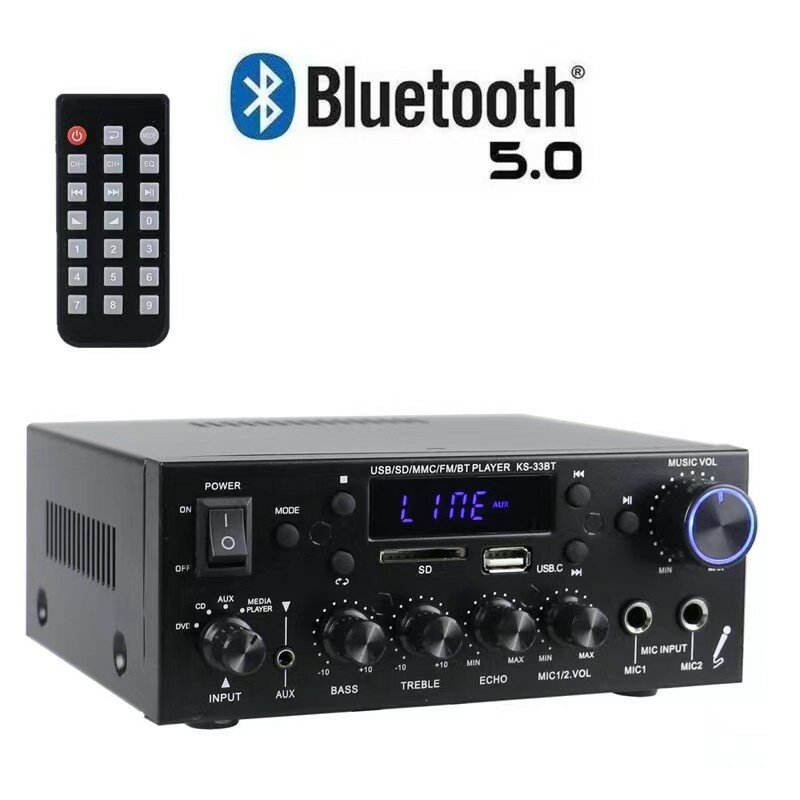Upgraded KS-33BT Low Frequency HiFi Stereo Digital Amplifier BT5.0 LED Digital Sound FM Radio 2x60W Amplificador Amplifiers with Remote Control for 6.5-8inch Speaker