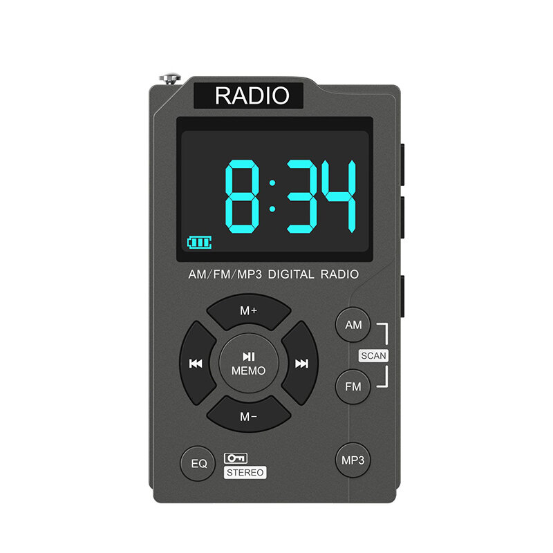 Portable FM AM Dual Band Mini LCD Display Pocket Radio Receiver 1000mAh Battery Support TF Card Music Player with Wired Earphone COD