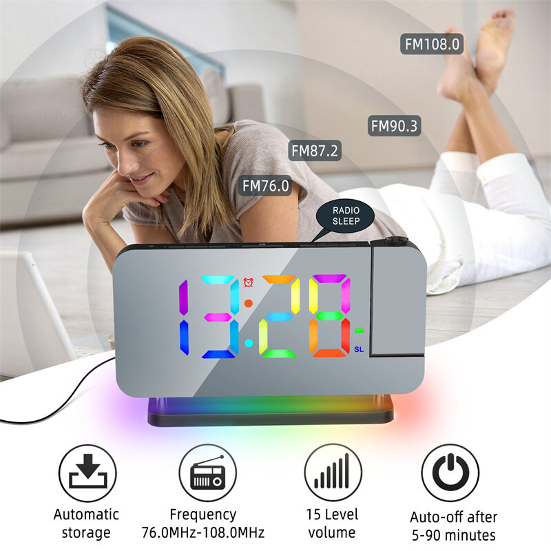 FM Radio RGB LED Clock 180° Projection Alarm Clock Dimmerable Desktop Charging Clock with Dual Type-C Output Mirror Digital Display Bedside Snoozing Alarm Clock