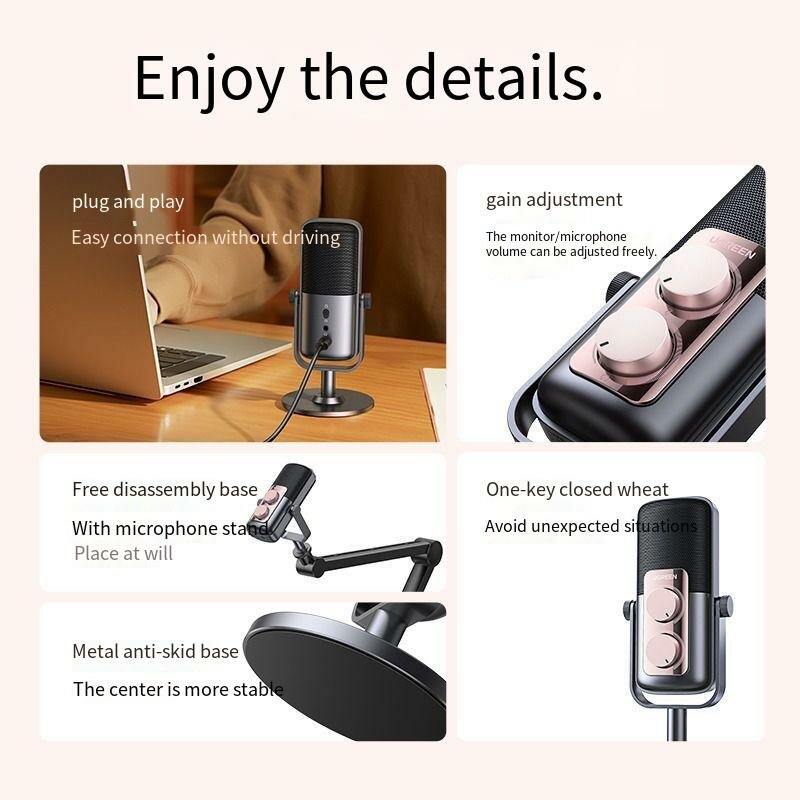 Ugreen CM592 USB Wired Microphone HiFi Sound DSP Noise Cancelling Real-time Monitoring Live Recording Studio Streaming Laptop Desktop Esports Microphone