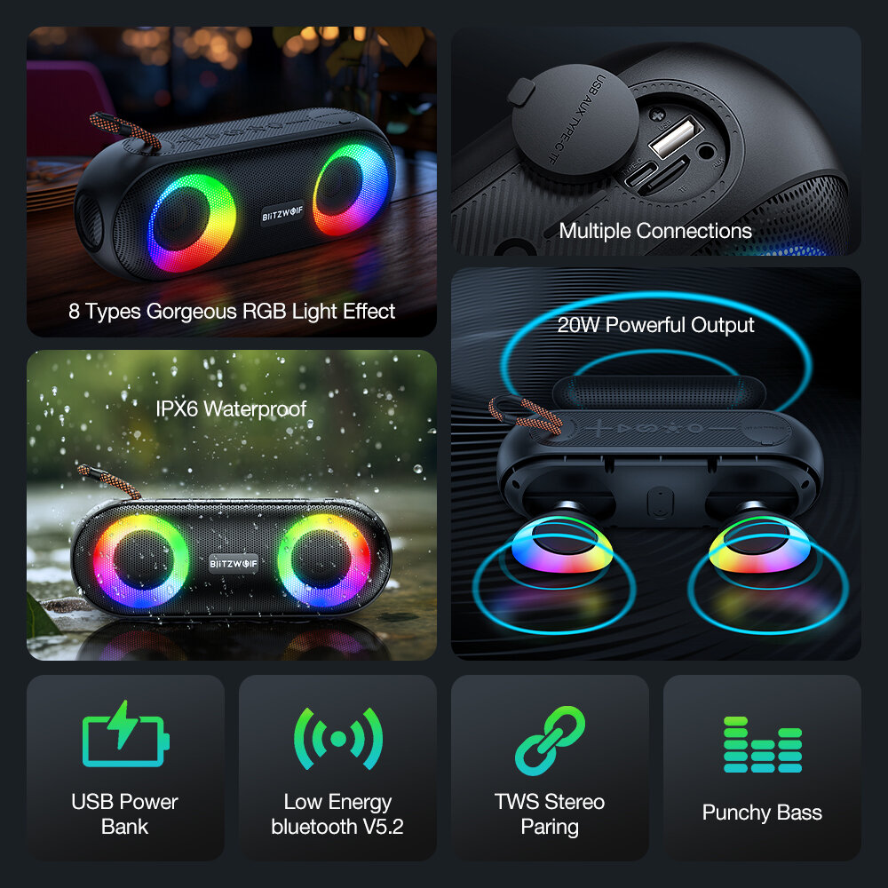 BlitzWolf® BW-X11 bluetooth Speaker Wireless Speaker 20W RGB Colorful Lights Bass IPX6 Waterproof Power Bank TF Card AUX Outdoor Portable Speaker COD
