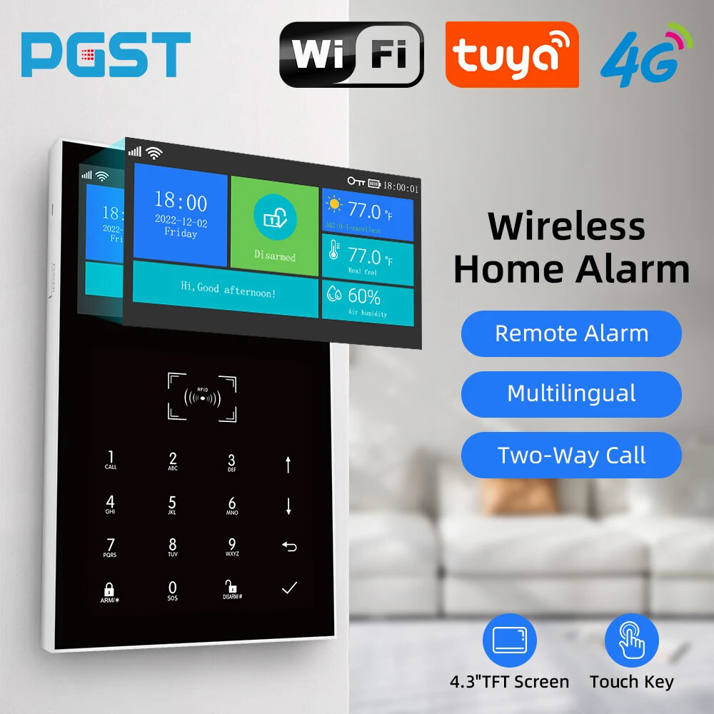 PGST PG-109 4G Smart Home Anti-theft System Wireless GSM WiFi Large Screen Touchpad Tuya APP Control Remote Intercom SOS Multi-language Function for Home Monitor Device Set