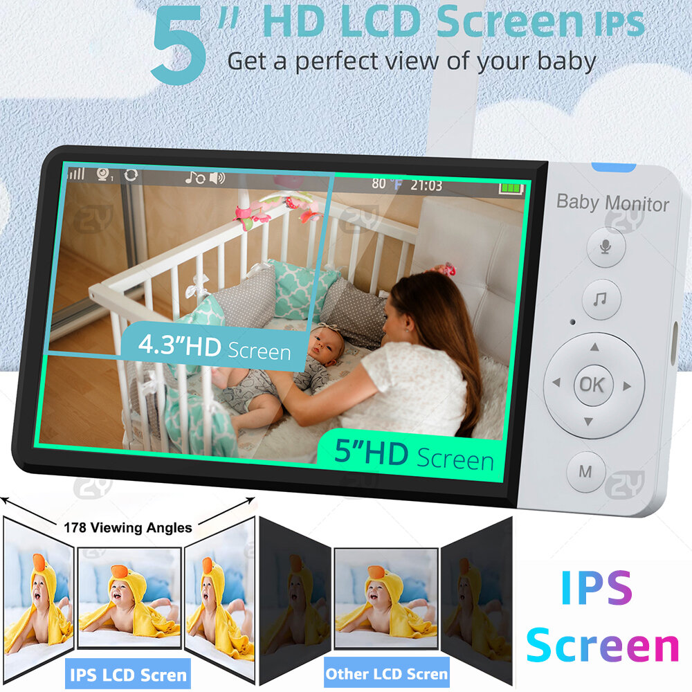 ABM700 5 inch IPS Screen Wireless Video Baby Monitor with Nanny PTZ Camera 5000mAh Battery Two-way Audio Lullaby Feeding Time Reminder SD TF Card Record Cameras EU Plug