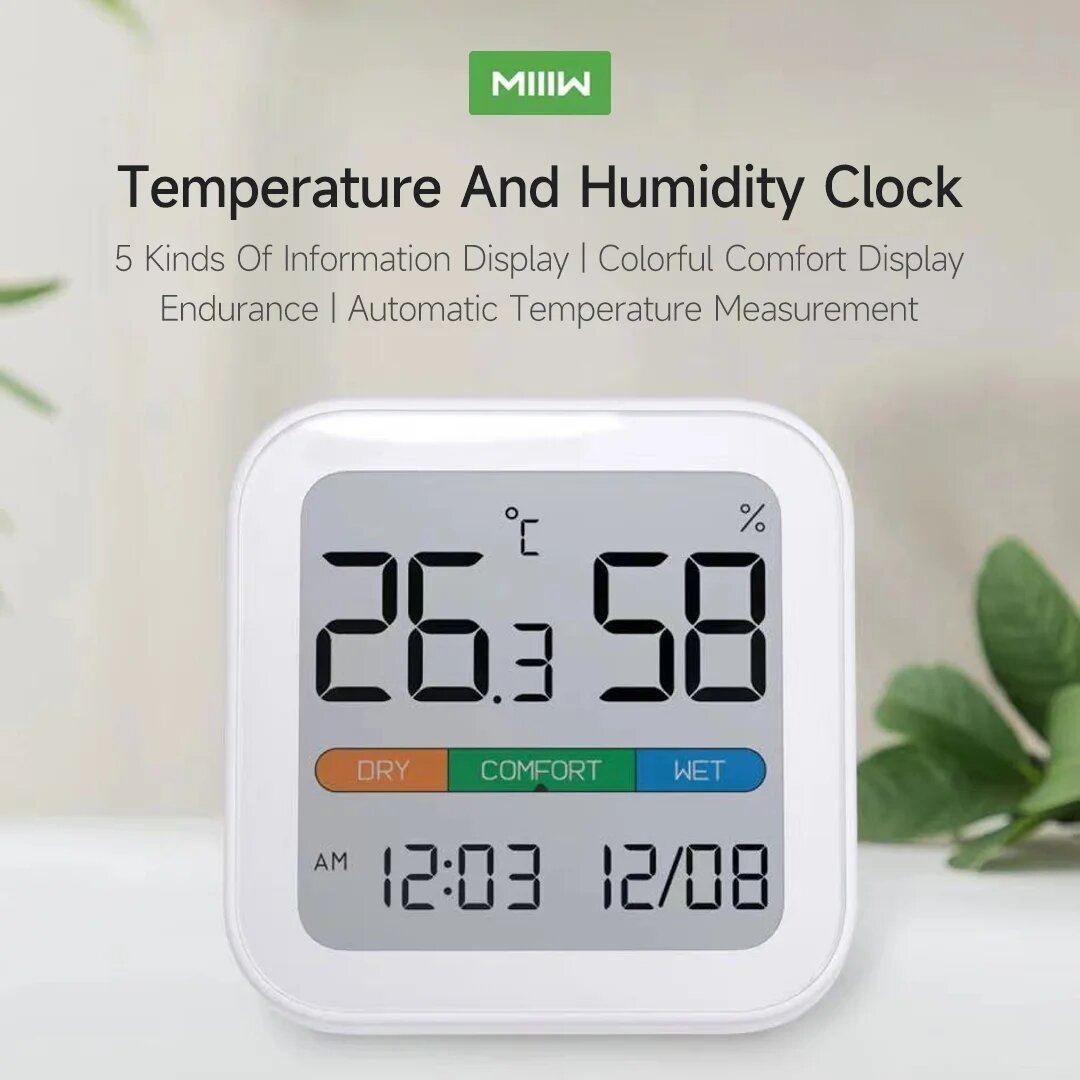 Miiiw Mute Temperature Humidity Thermometer Electronic Sensor Clock Home Indoor High-precision Baby Room C/F Temperature Monitor 3.34 inch Backlight LCD Screen