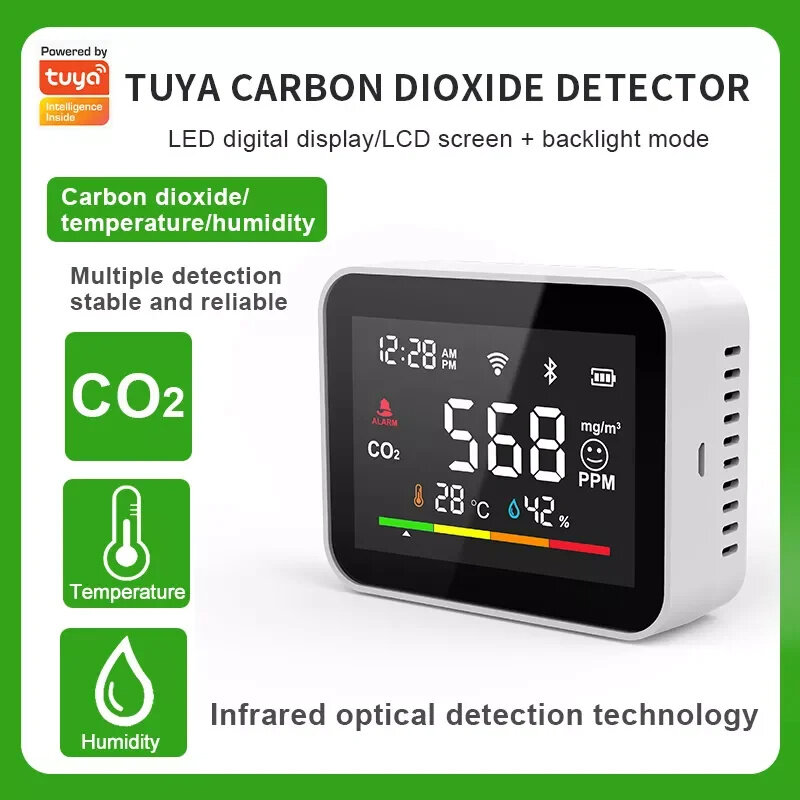 RSH Tuya WiFi Smart CO2 detector Monitor Carbon Dioxide Detector CO2 Meter Indoor Smart Home Greenhouse Air Humiture Sensor Monitor Work with Alexa Google Assistance