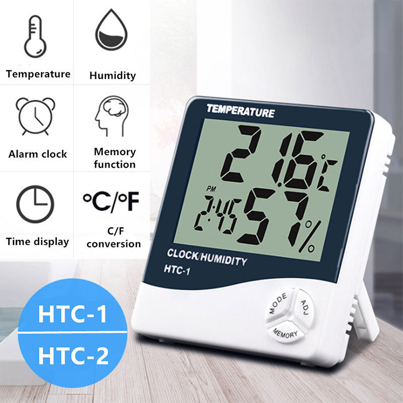 HTC-1 HTC-2 LCD Electronic Digital Temperature Humidity Meter Home Thermometer Hygrometer Indoor Outdoor Weather Station Clock COD