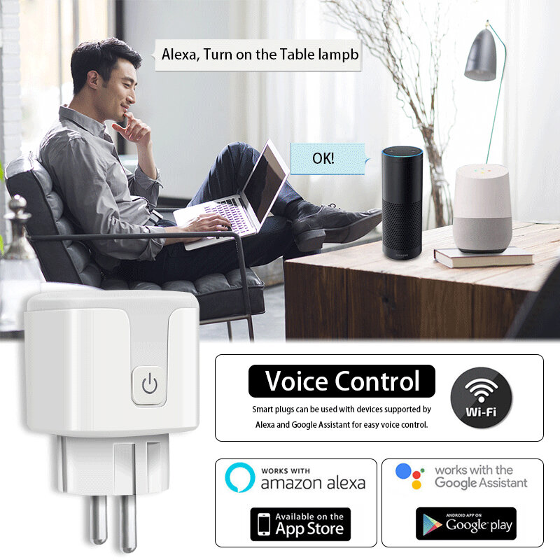 Tuya 16/20A Smart WiFi Switch EU Plug Intelligent Power Monitor Voice Control Timing Outlet Socket Support Alexa Google Home COD