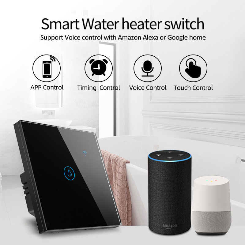 Tuya Zigbe 40A Smart Water Heater Switch EU Plug APP Remote Control Voice Timer Damp-proof Glass Panel Induction Touch Backlight Water Boiler Heater Support Alexa Google