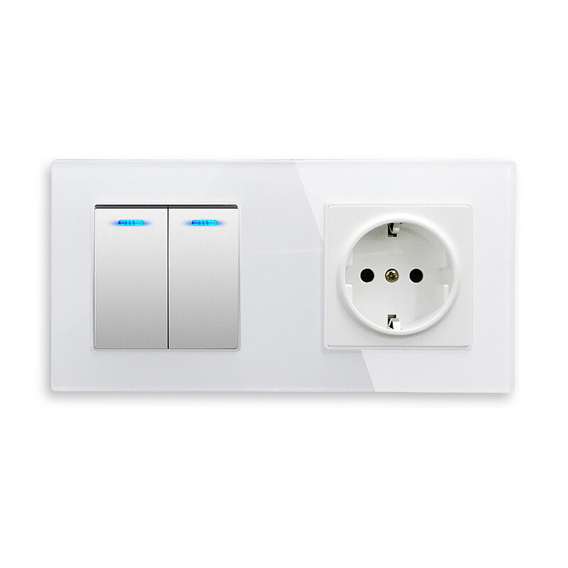 16A European Standard Wall Socket with Rocker Switch 2-way Tempered Glass LED Light Switch Panel Combination COD