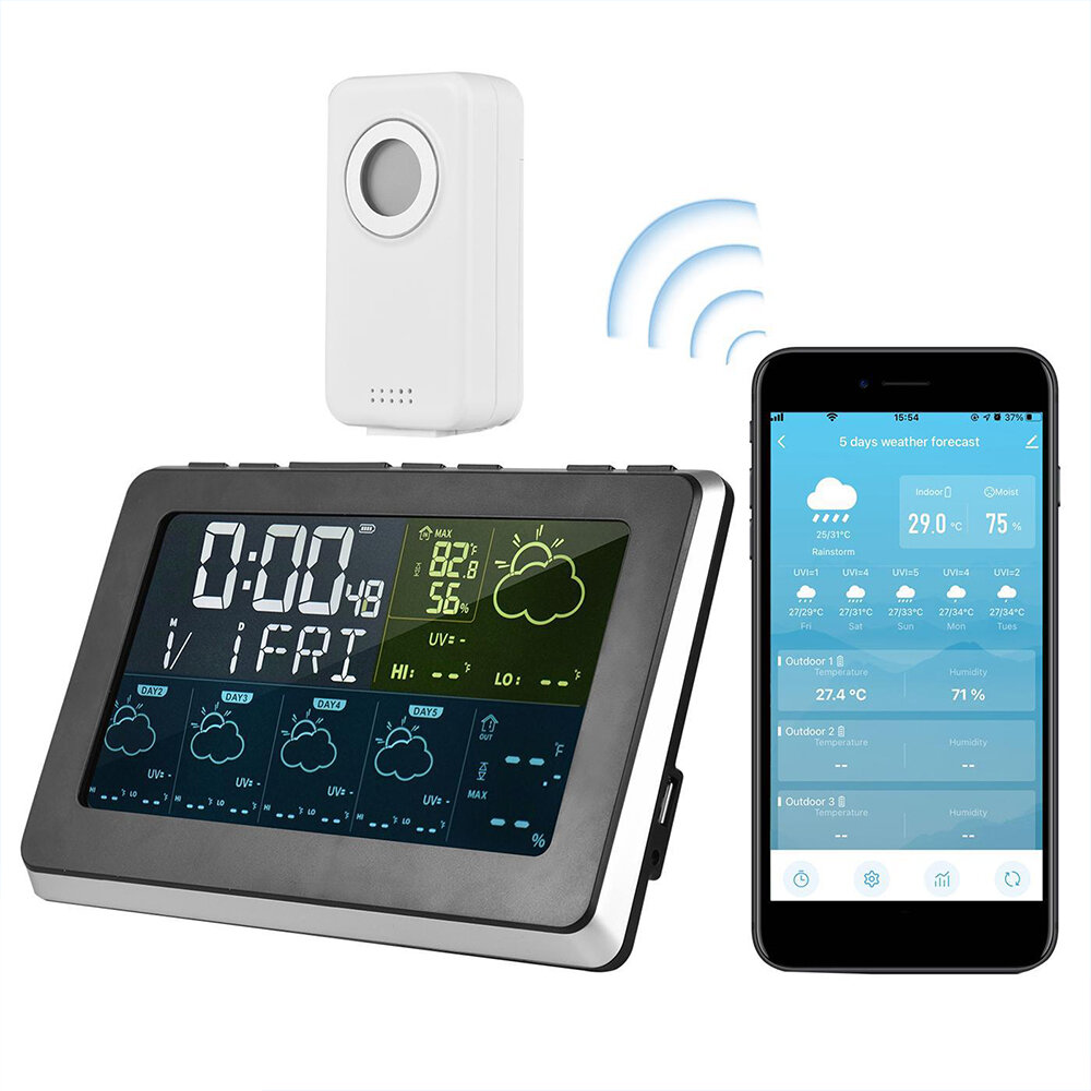 Tuya Smart WiFi Weather Station EU Plug Indoor Outdoor Thermometer Hygrometer with Color Display Screen APP Remote Control Alarm Clock Setting Humidity Temperature Sensor Device