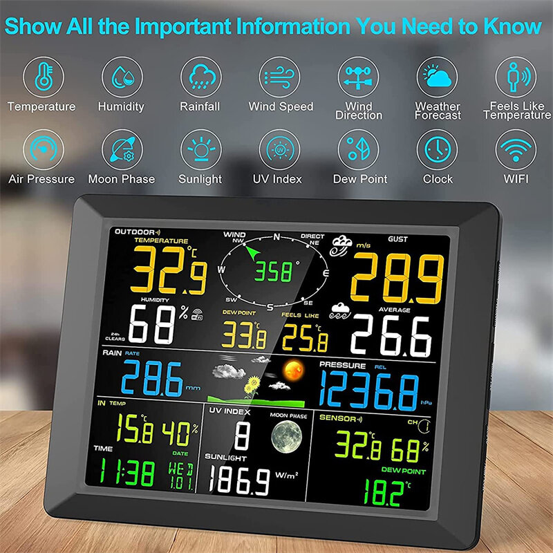 7-in-1 Weather Station Indoor Outdoor Temperature Humidity Wind Speed Direction Rain UV Wireless Color Console Forecast Data COD