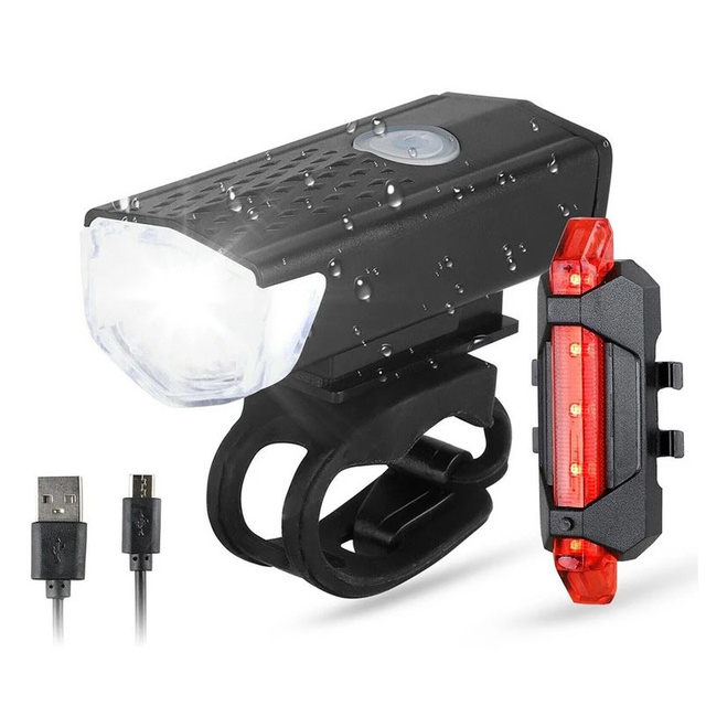 USB Rechargeable LED Bike Headlight Taillight Set Rainproof Cycling Front Back Headlight Lamp Bicycle Warning Light Flashlight COD