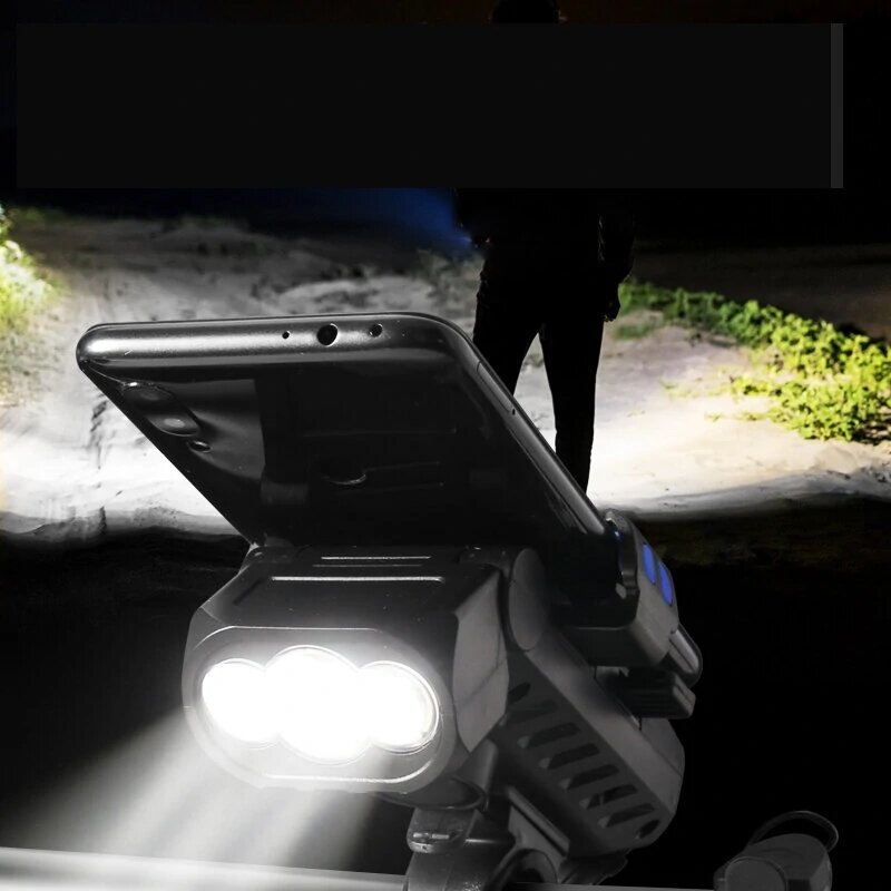 Xmund 4 in 1 500Lm Brightness Bike Headlight 3000mAh Battery IPX6 Waterproof 3 Light Modes 120° Rotation Power Bank Phone Holder with 130db Horn for Night Cycling