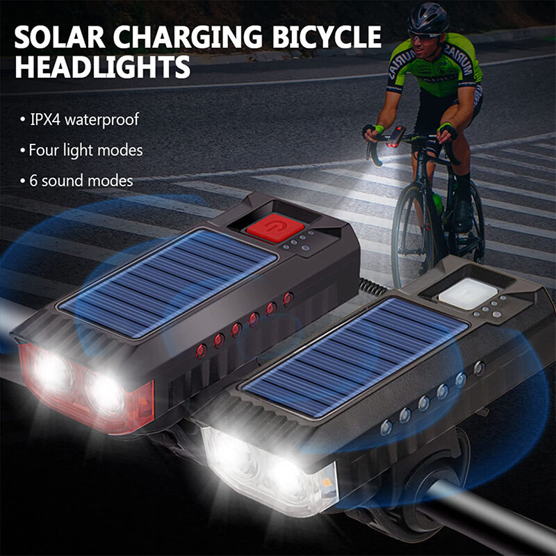 2023 Solar Rechargeable Bike Headlight LED Super Brightness 4000mAh Battery Waterproof 4 Light Modes Warning Flashlight with 120dB Horn for Night Cycling