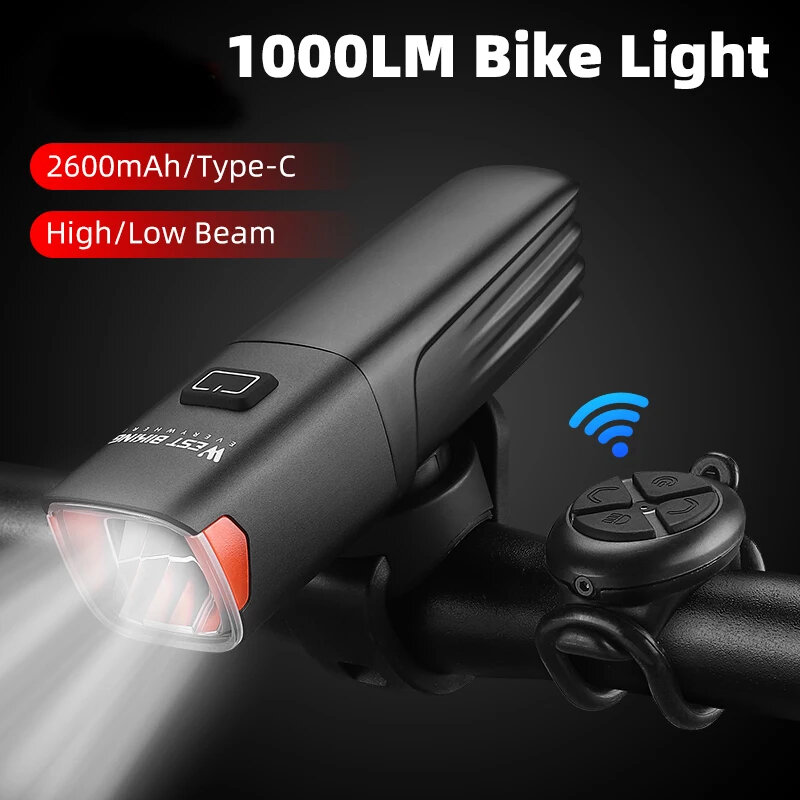 WEST BIKING 1000Lm Super Brightness Bike Headlight 2600mAh Battery Type-C IPX65 Waterproof 6 Light Modes with Wireless Remote Control for Night Cycling C