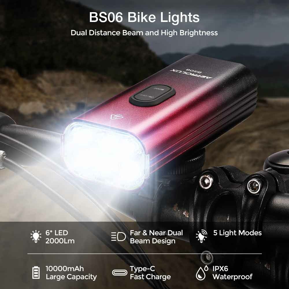 Astrolux® BS06 2000Lm Brightness Bike Headlights 6 LED Large Beads 10000mAh Battery Dual Distance Beam Design IPX6 Waterproof 5 Light Modes Type-C Fast Charge Easy to Install Bicycle Front Light F