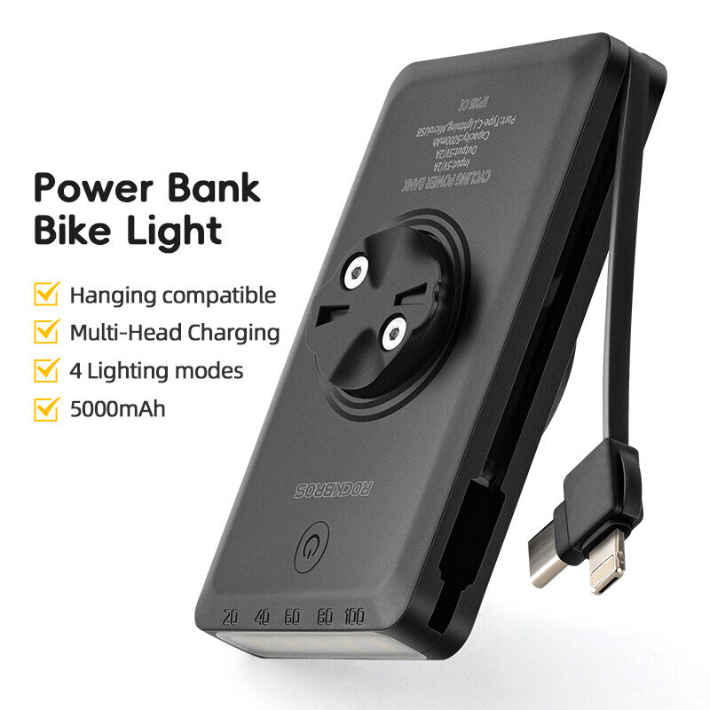 2 in 1 ROCKBROS 5000mAh Battery Bike Headlight Type-C IPX6 Waterproof 4 Light Modes Power Bank Phone Front Light for Night Cycling Camping COD