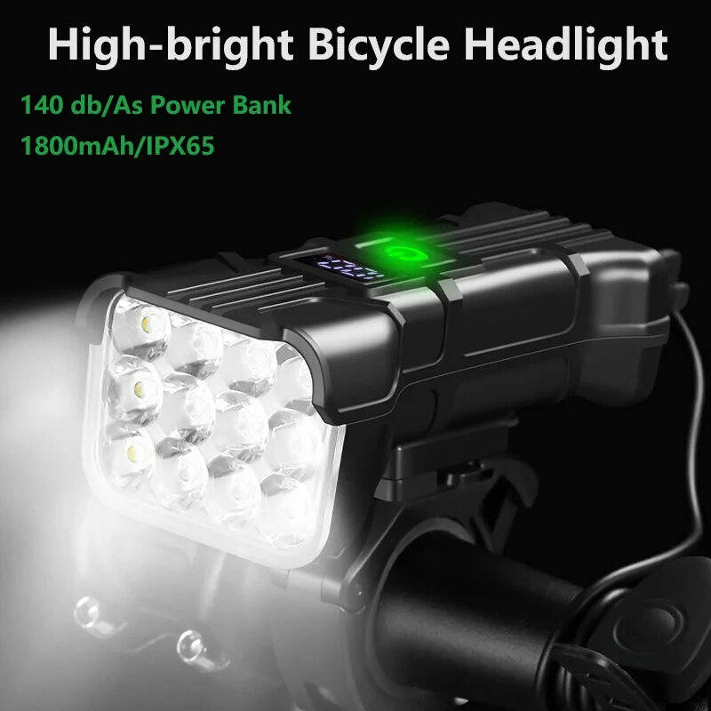 3 in 1 Multifunctional Bike Headlights 12 LED Beads 500Lm Brightness 140dB Bell Alarm 1800mAh Battery Display Power Bank IPX65 Waterproof USB-C Rechargeable 360-degree Adjustment Bicycle Front Light f