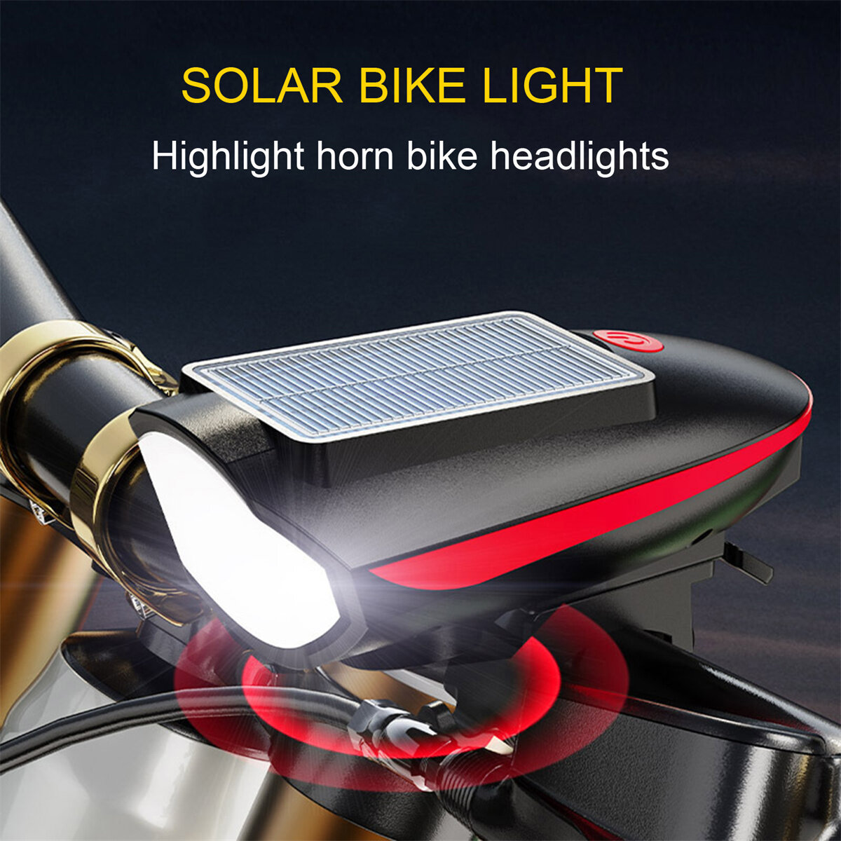 Cansses 3 in 1 Solar Bike Headlight XPE Lamp Beads 1200mAh Battery Waterproof 3 Light Modes with 120db Horn for Night Cycling COD