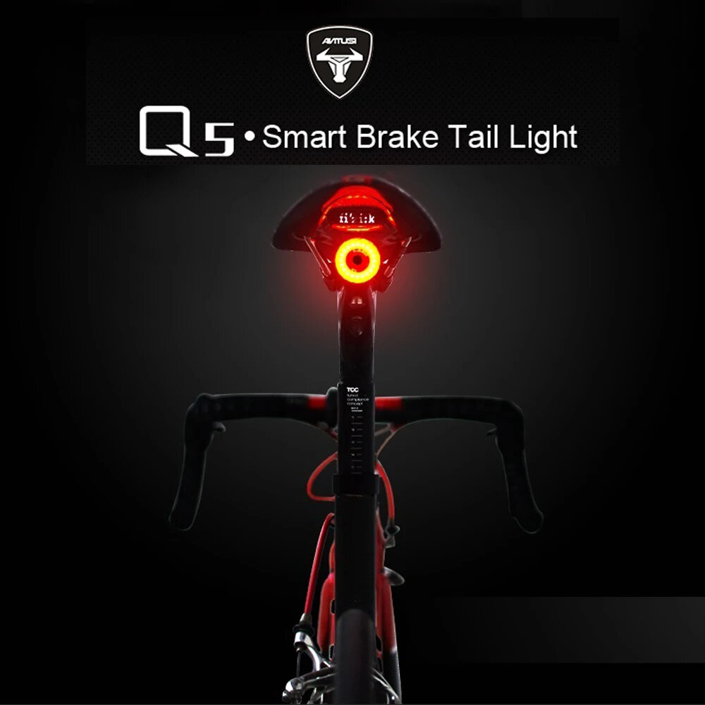 ANTUSI Q5 Bike Taillight Intelligent braking sensor 400mAh Battery 3 Light Modes USB Charging IP65 Waterproof Wear-resistant Bicycle Rear Light with Double Bracket for Night Cycling