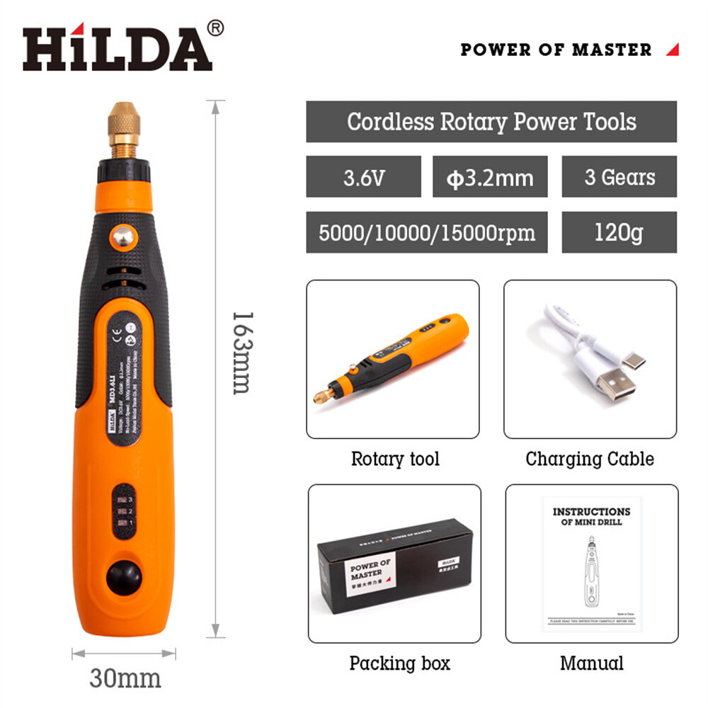 HILDA 3.6V Cordless Mini Drill Rotary Power Tools 3 Gears Compact and Versatile 5000/10000/15000rpm 3.2mm Chuck Size Lightweight Portable and Easy to Use Ideal for DIY Projects