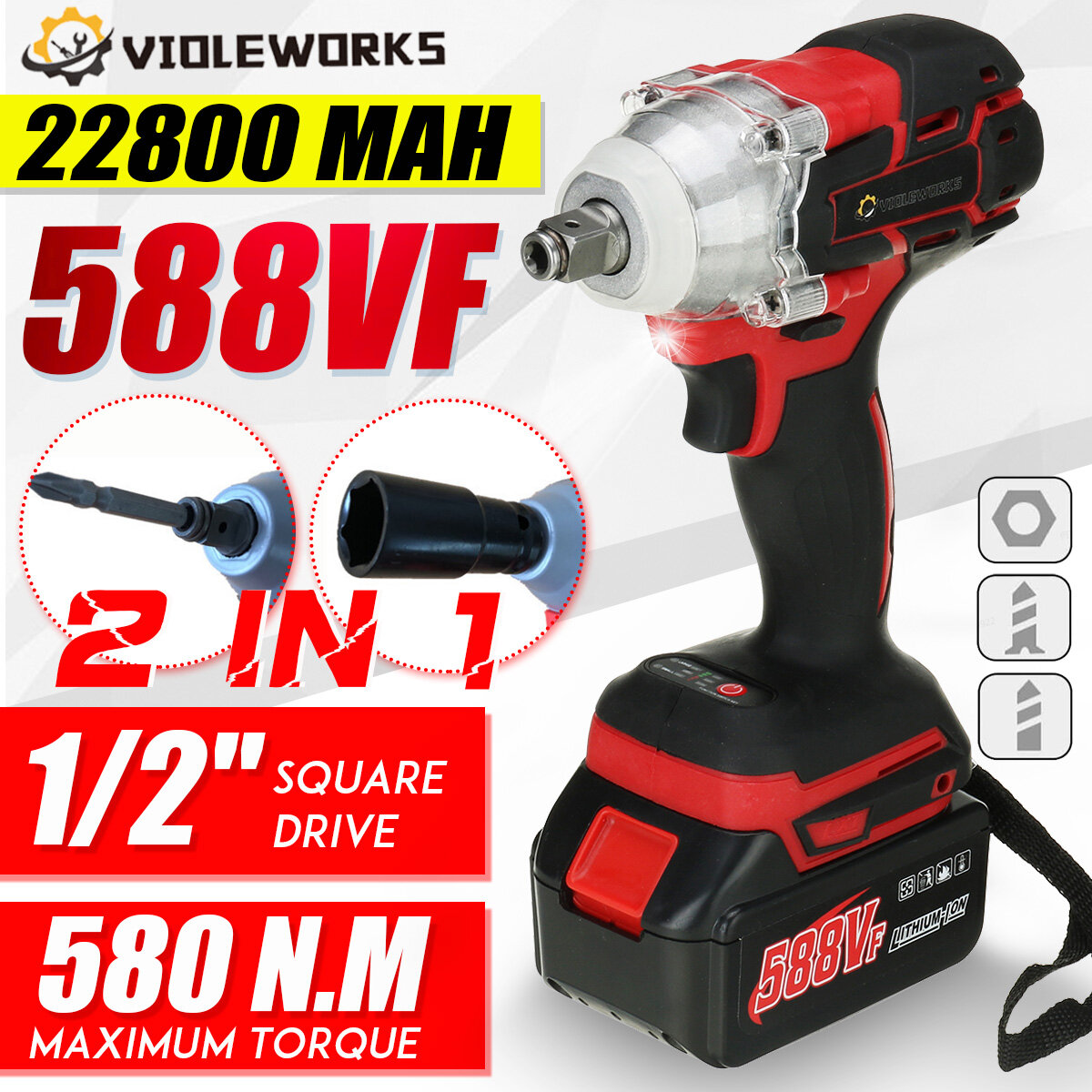 VIOLEWORKS 580N.M 2 in 1 Electric Cordless Brushless Impact Wrench Driver Socket Screwdriver COD
